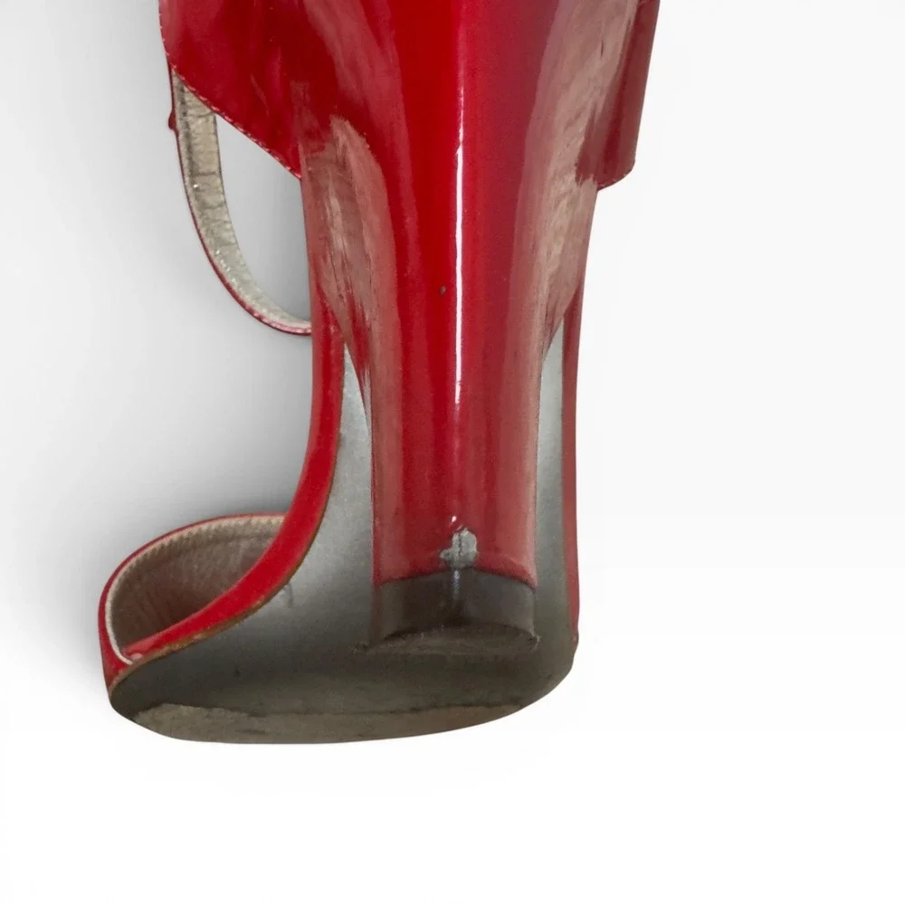 Dolce & Gabbana Sandals Womens 37.5 Red Patent Leather Peep Toe Cone Heel Italy